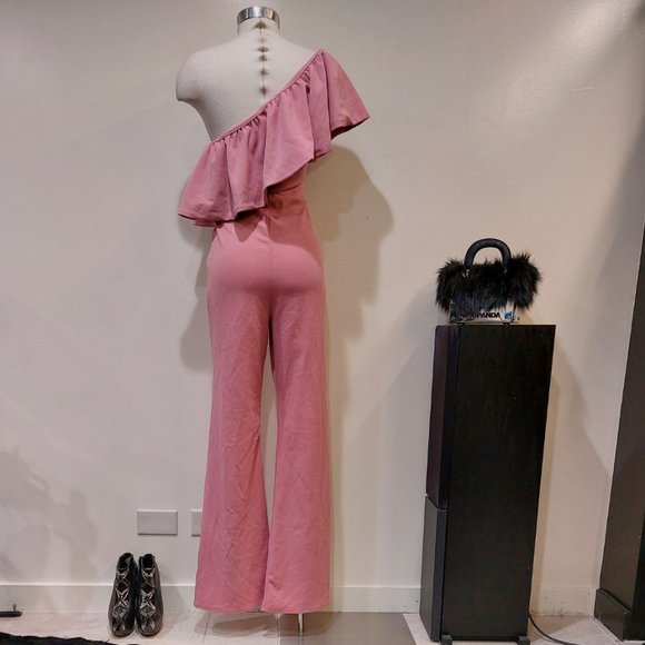 💋GORGEOUS💋 CLUB L LONDON DIVINE TIME PINK ONE SHOULDER RUFFLE JUMPSUIT - Picture 8 of 12